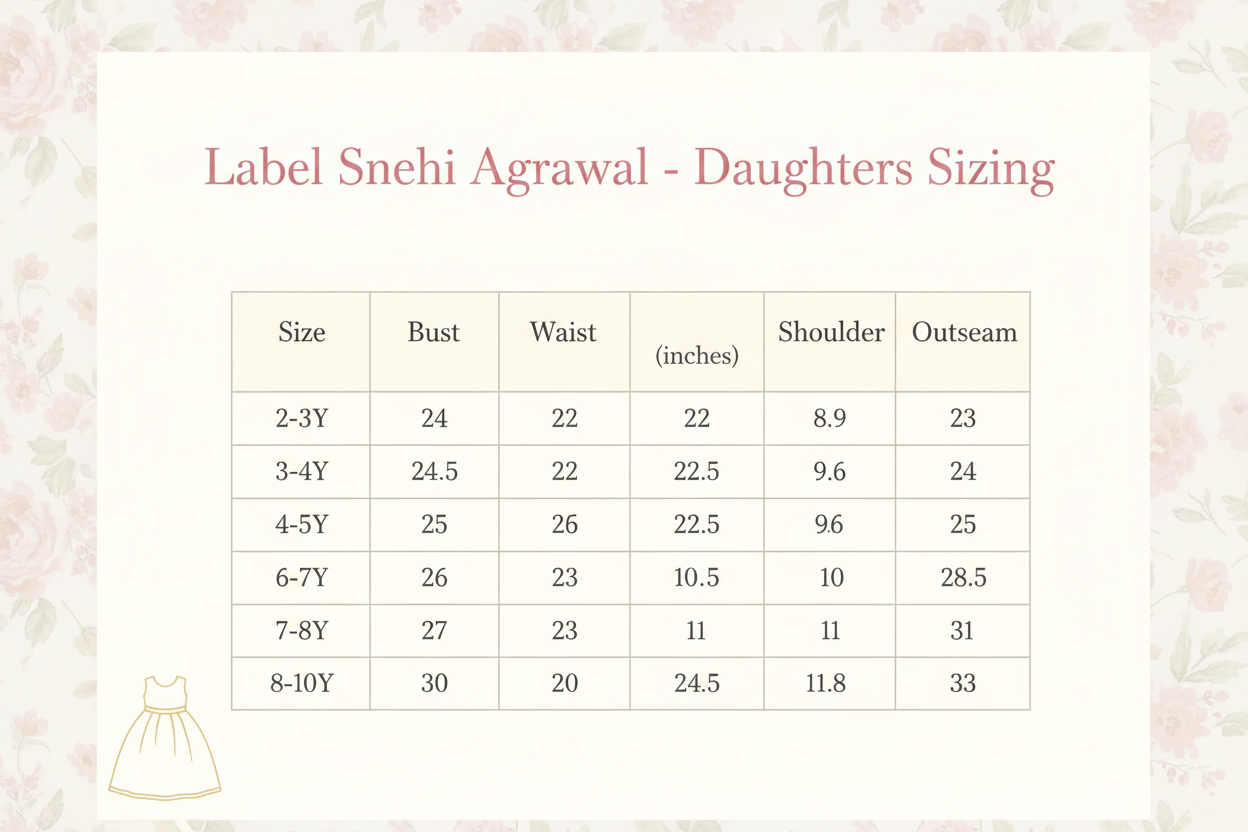 Make a size chart fore these sizes and name it as daughters sizing Label Snehi Agarwal Size (inches) Bust Waist Shoulder Outseam
2-3Y 24 22 8.9 23
3-4Y 24.5 22 9.3 24
4-5Y 25 22.5 9.6 25
5-6Y 26 22.5 10 26.5
6-7Y 27 23 10.5 28.5
7-8Y 28 23 11 31
8-10Y 30 24.5 11.8 33