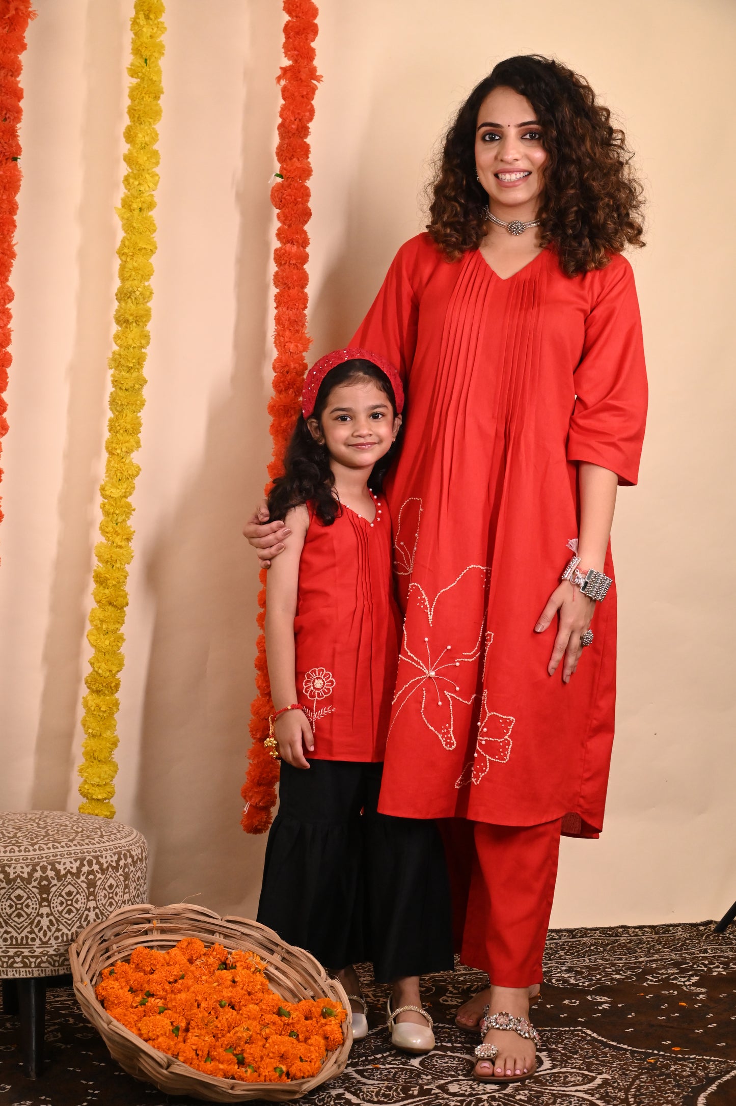 Mom-Daughter Linen set (Set of 4)- Tangerine red
