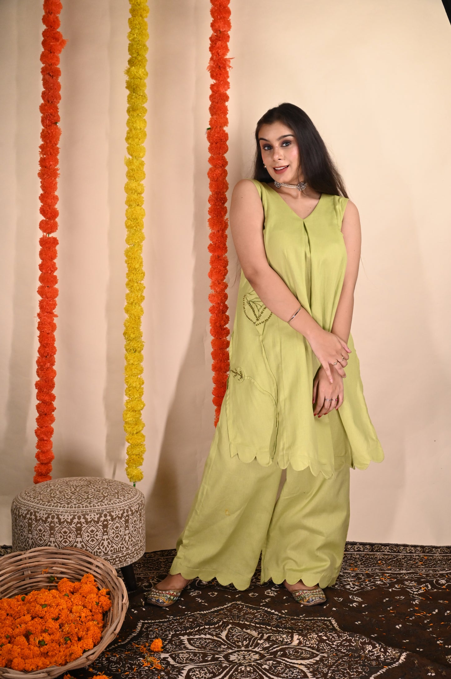 Lime Linen Kurta set ( setof 2 )