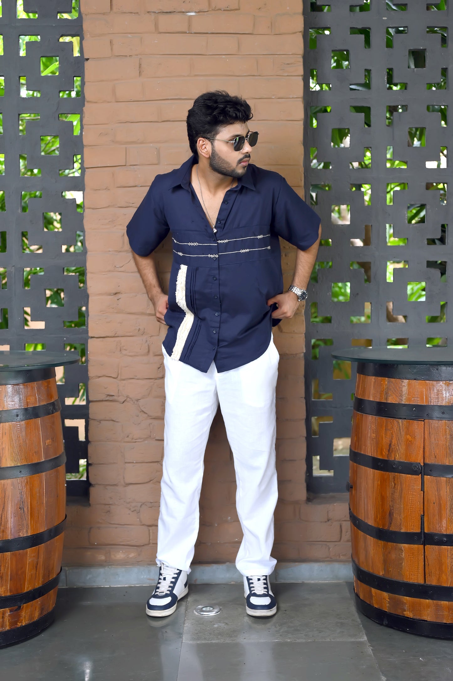 Navy blue detail Linen Men's shirt