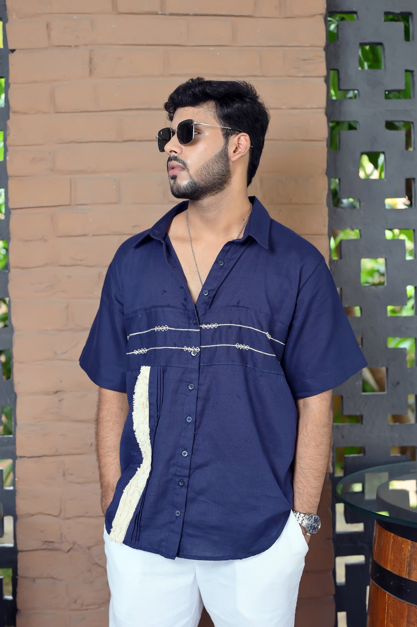 Navy blue detail Linen Men's shirt