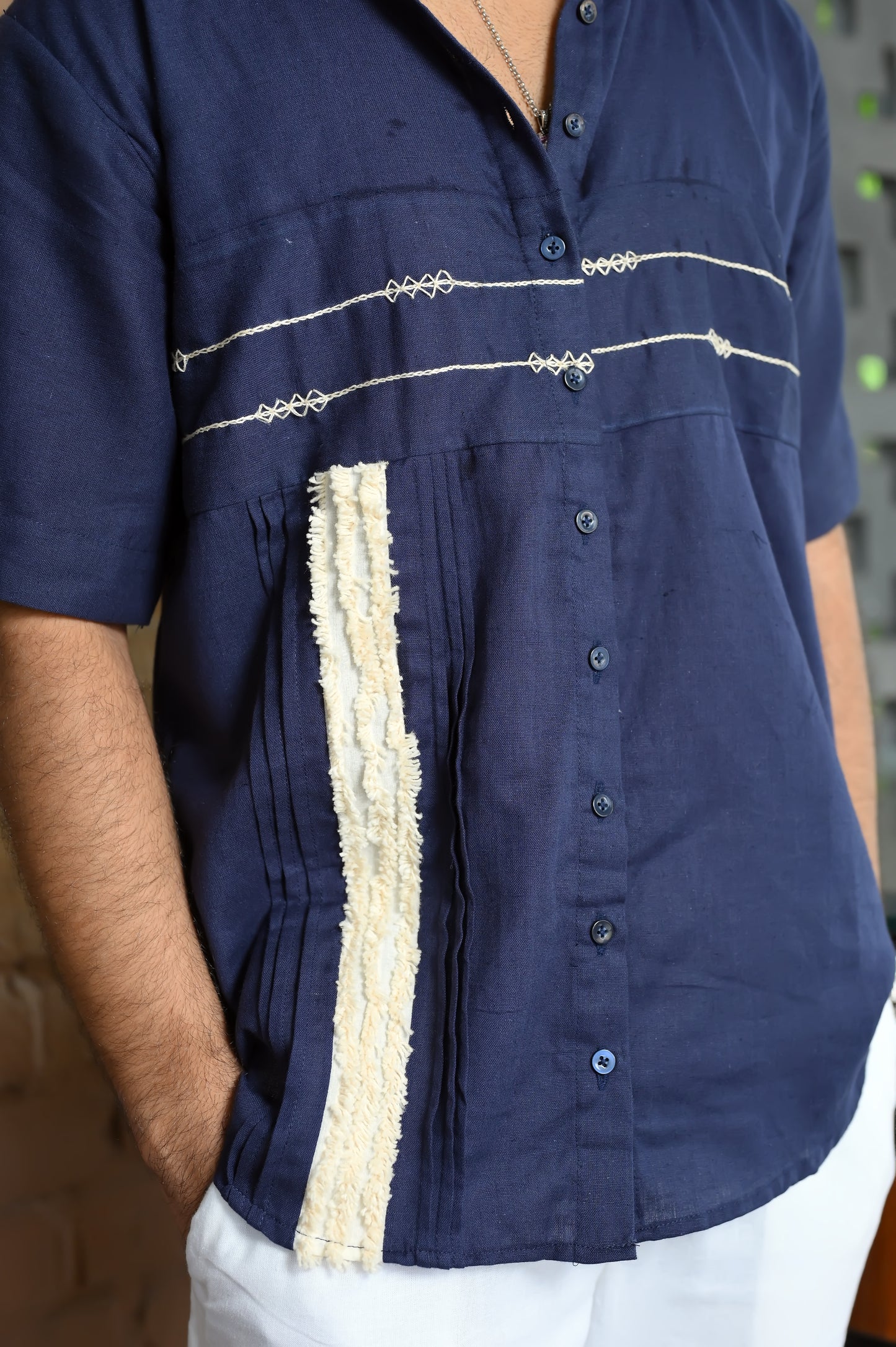 Navy blue detail Linen Men's shirt