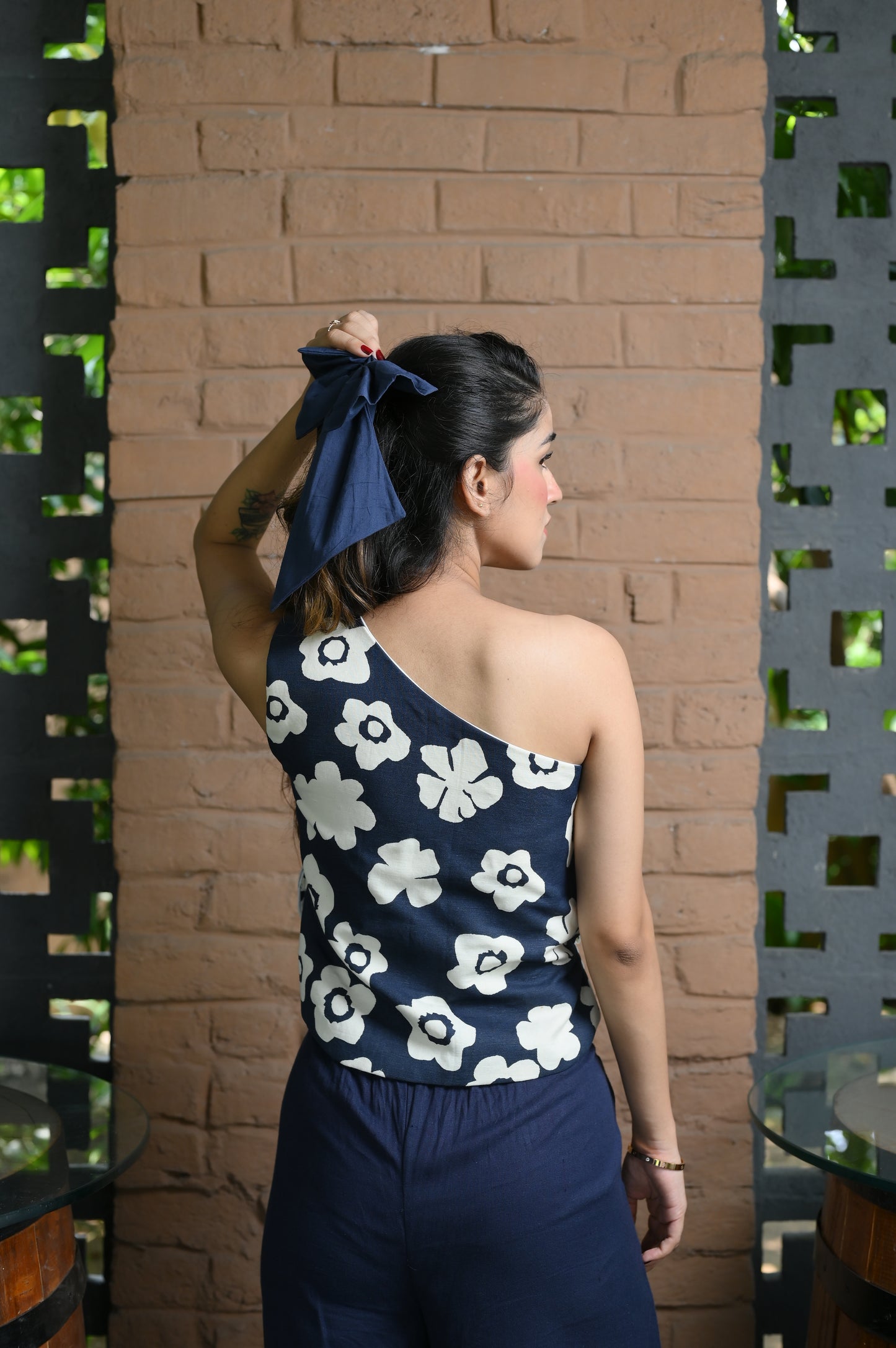 Floral navy one shoulder linen vest
