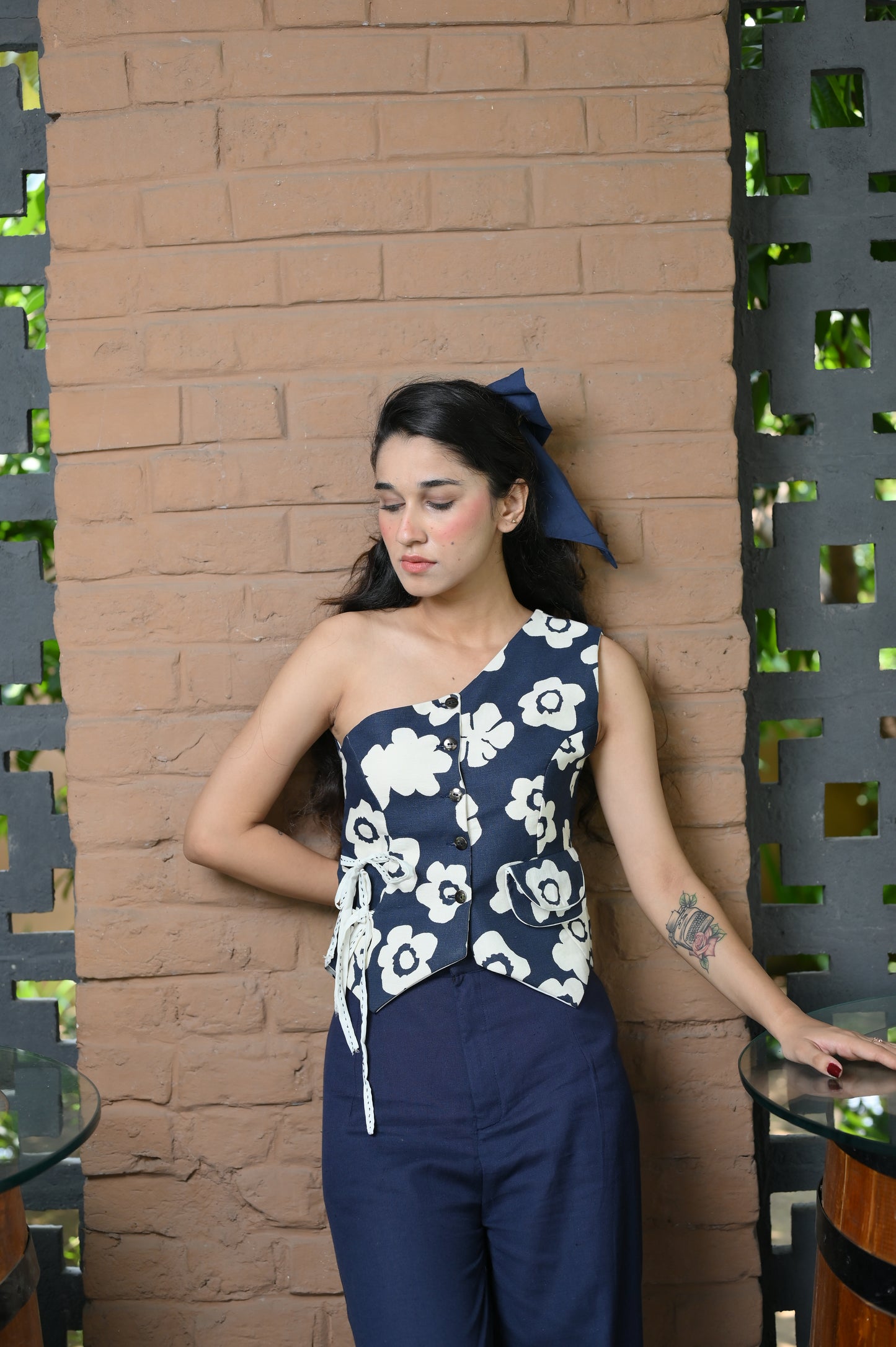 Floral navy one shoulder linen vest