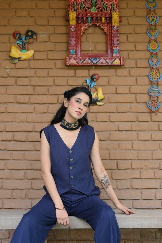 Navy linen vest and Trousers Co-ord set