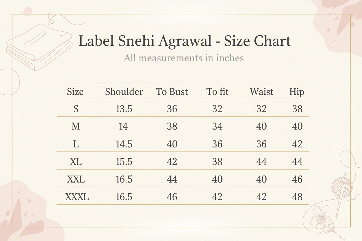 make a size chart pic with the sizes i m providing . Label Snehi Agarwal sizes (inches)	To fit Shoulder	To fit Bust	To fit Waist	To fit Hip
S	13.5	36	32	38
M	14	38	34	40
L	14.5	40	36	42
XL	15.5	42	38	44
XXL	16	44	40	46
XXXL	16.5	46	42	48
